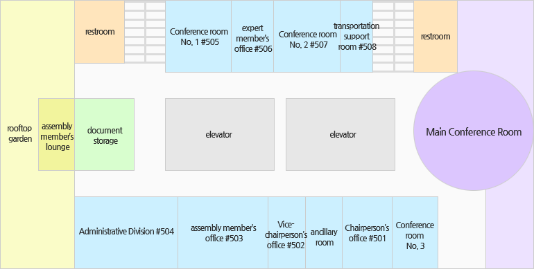Storage, Conference room No. 3, Chairperson&rsquo;s office #501, ancillary room, Vice-chairperson&rsquo;s office #502, assembly member&rsquo;s office #503, Administrative Division #504, Main Conference Room, elevator, elevator, data document storage, assembly member&rsquo;s lounge, rooftop garden, broadcasting room, restroom, stairs, transportation support room #508, Conference room No. 2 #507, expert member&rsquo;s office #506, Conference room No. 1 #505, stairs, restroom